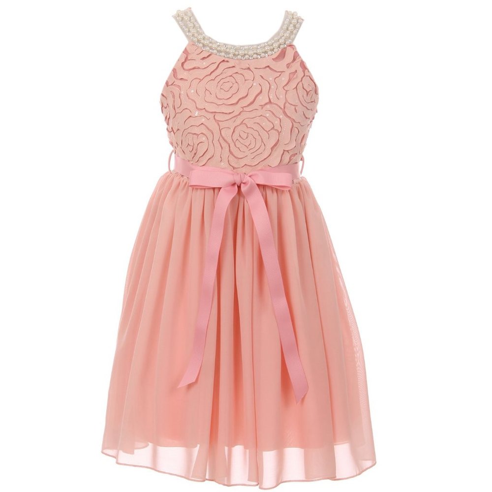 Big Girl Sleeveless Pearl Trim Chiffon Easter Party Holiday Flower Girl Dress